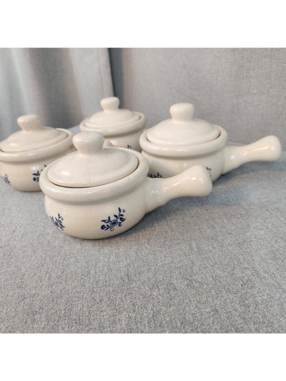 Vintage Glazed Stoneware Lot 4 Handle Crocks Beige Blue Floral French Onion USED - Picture 4 of 9
